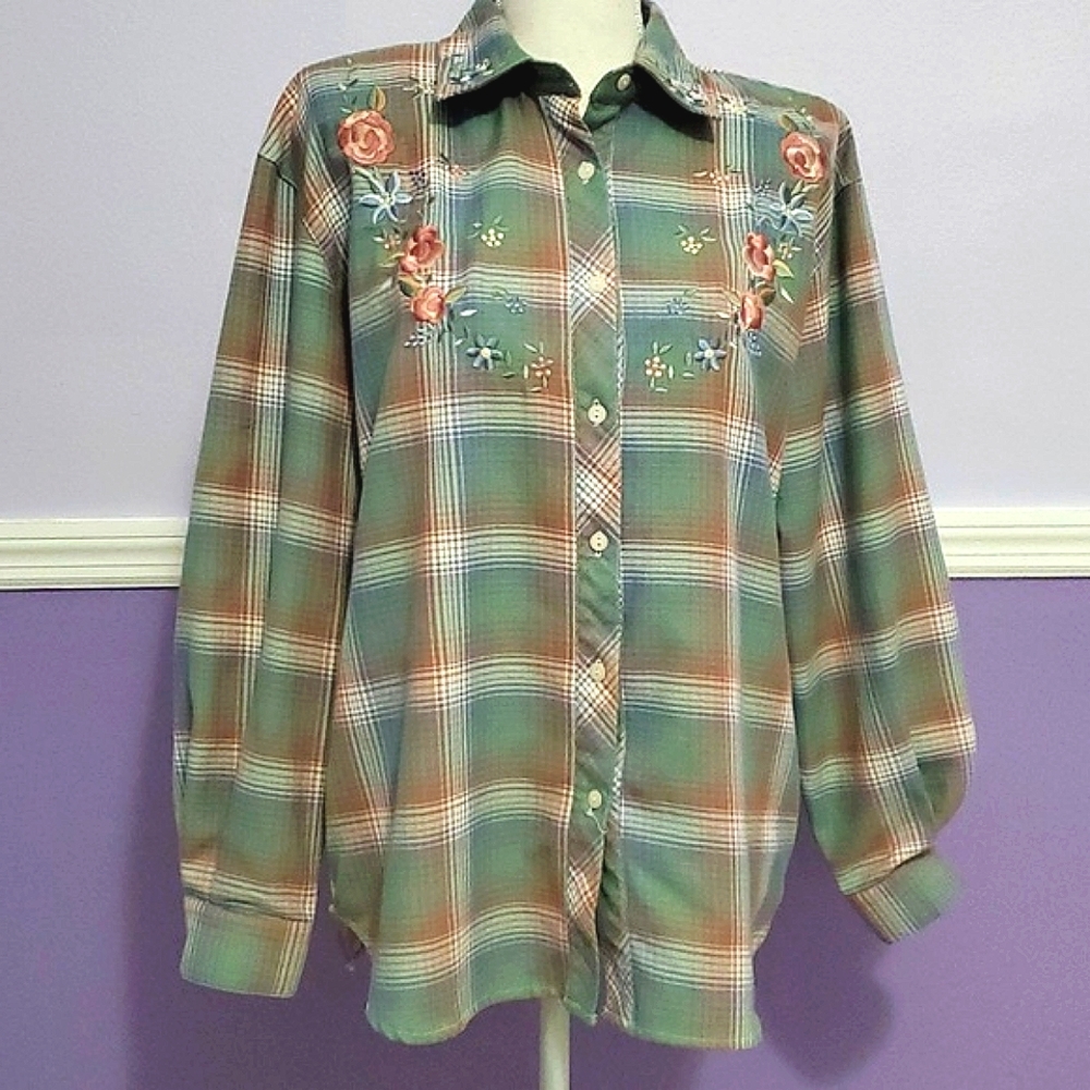 Teddi Sage Pink Plaid Embroidered Long Sleeve Rodeo Button Down Flannel Shirt S